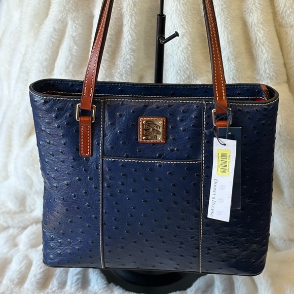 Dooney & Bourke Handbags - Dooney & Bourke Ostrich Navy Tote with Brown Handles